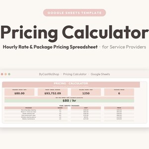 Könnte beinhalten: Eine Google Sheets-Vorlage für einen Pricing Calculator, die eine digitale Tabellenkalkulationsoberfläche mit Feldern für Stundensätze, Jahresumsatz, abrechenbare Stunden und Servicepakete zeigt. Das Design verwendet eine rosa-weiße Farbpalette.