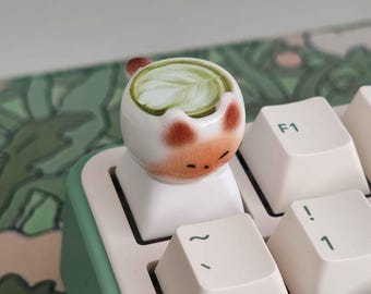 Cat Coffee Cup Keycap – Green Brown Resin Mechanical Keyboard Accent