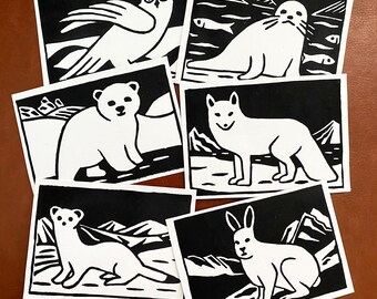 Juego de 6 láminas ACEO originales de animales del Ártico (minigrabados hechos a mano): oso polar, foca arpa, liebre ártica, zorro ártico y búho nival.