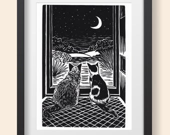Cats Staring Into the Night, Cats Original Linocut Print, Black and White Cat Wall Art, Original Hand Printed Artwork, Original artwork