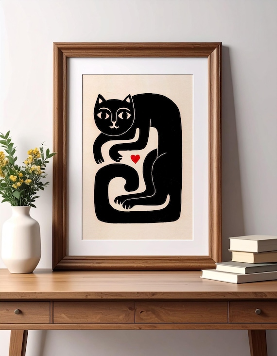 Black Cat Linocut Print, Original Lino Cut Print, Handprinted Archival Paper Art, Signed Cat Linoprint