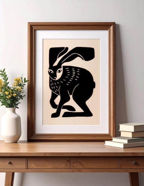 Hare Linocut Print, Original Lino Print, Handprinted Archival Paper Art, Signed Linoprint, Lino Cut Print