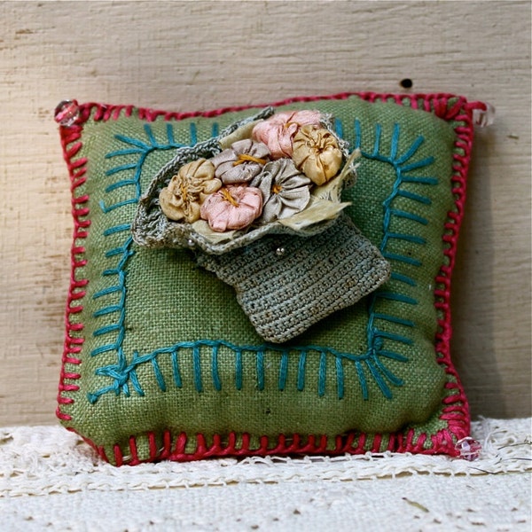 Vintage mint pin cushion with antique floral basket ornament vintage crochet and ribbon embroidery