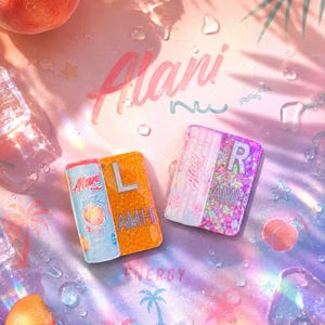 May include: A vibrant, summery composition featuring peach-themed energy drink products. The image showcases two rectangular, glittery items with the text "Alani" and "AMH", alongside a can of "Alani Juicy" peach-flavored energy drink. The background is a pastel pink with water droplets.