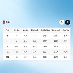 May include: A white table with a size chart for clothing. The chart includes measurements in inches for bust, skirt length, shoulder width, sleeve length, and waist size. The sizes range from S to XXL, with corresponding US sizes.