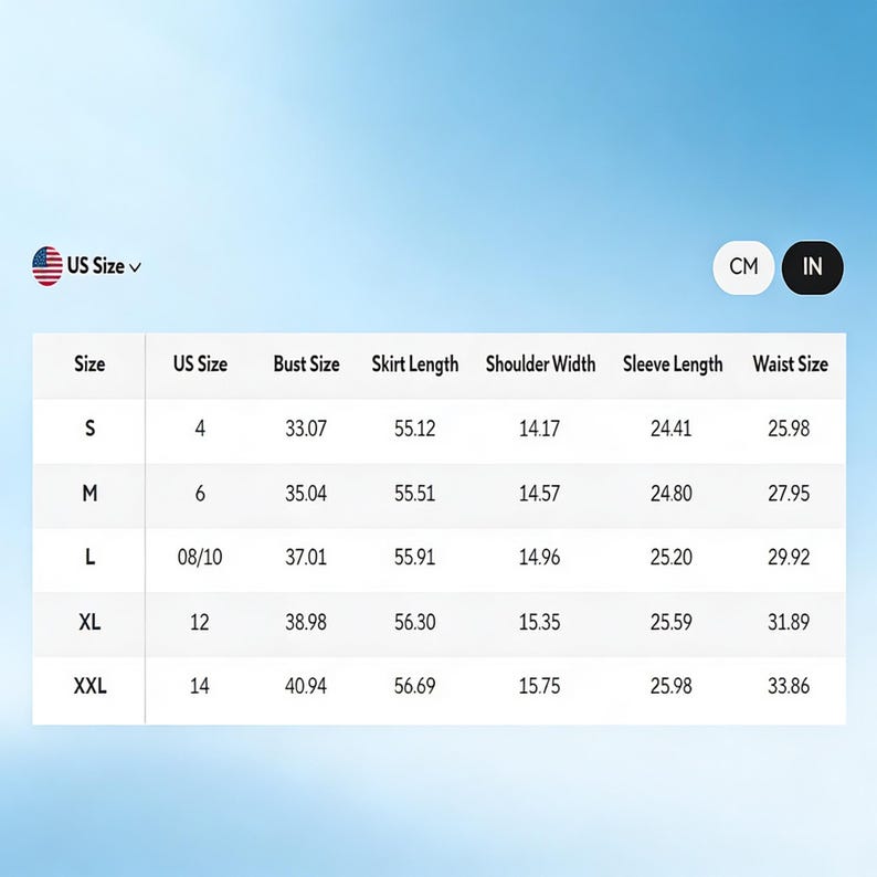 May include: A white table with a size chart for clothing. The chart includes measurements in inches for bust, skirt length, shoulder width, sleeve length, and waist size. The sizes range from S to XXL, with corresponding US sizes.