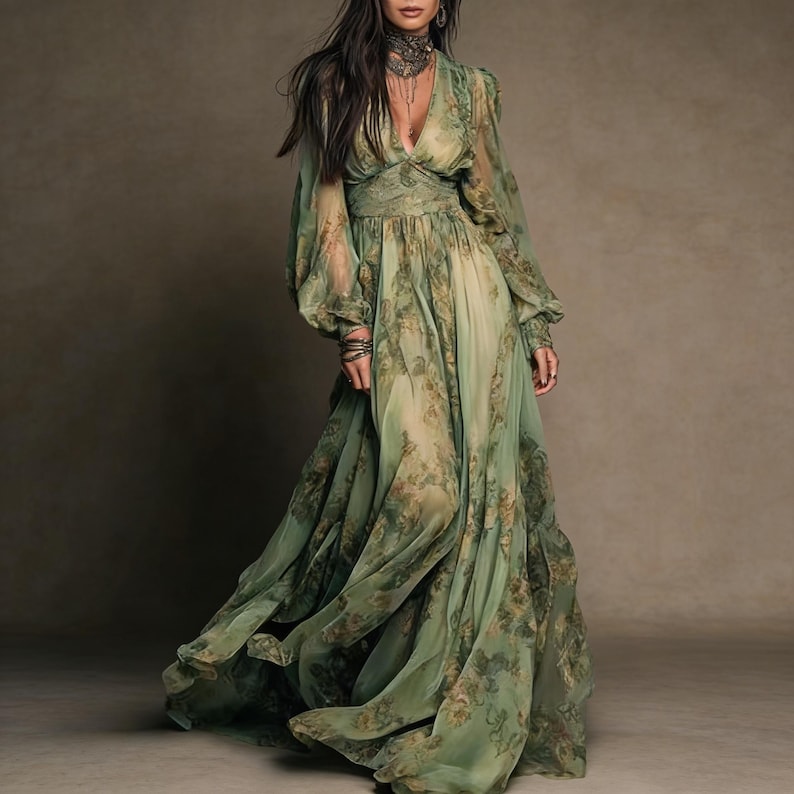 May include: A flowing, floor-length dress in shades of green with a floral pattern. The dress features long, billowy sleeves and a V-neckline. The fabric appears lightweight and sheer, creating a romantic and ethereal look. The dress is suitable for special occasions.