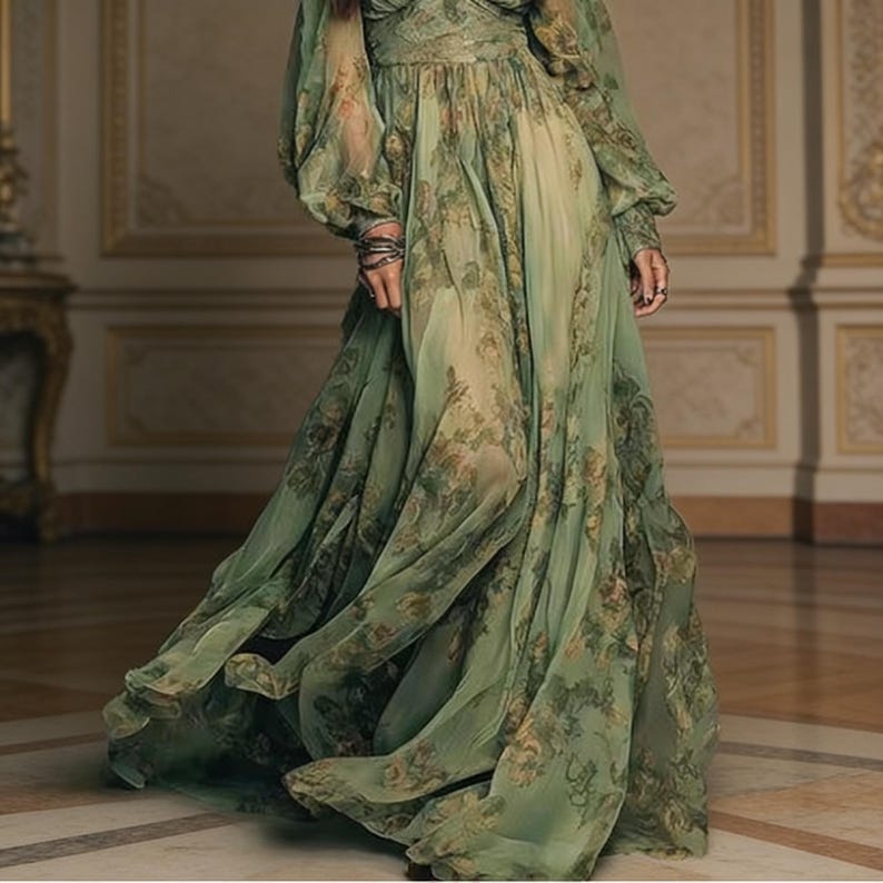 May include: A flowing, floor-length dress in shades of green with a floral pattern. The dress features long, billowy sleeves and a delicate lace bodice. The fabric appears sheer and lightweight, creating an ethereal look. The dress is suitable for formal events.