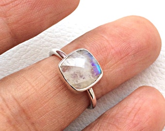 Rainbow Moonstone 925 Sterling Silver Stackable Dainty Ring, 9x9 mm Chekker Cut Faceted Cushion Shape Gemstone Ring For Girls Jewelry Gift