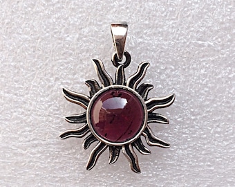 Oxidized 925 Sterling Silver Sun Pendant with Red Garnet Cabochon Gemstone Birthstone Unisex Necklace Beautiful Jewelry Valentine Day Gift