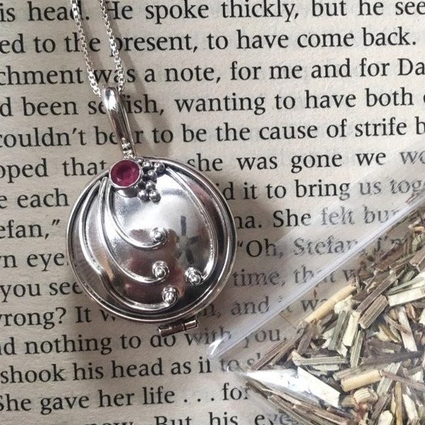 925 Sterling Silver Box Pendant Studded Faceted Ruby Gemstone VAMPIRE DIARIES inspired Elena Vervain Locket Verbena herb Aroma Therapy