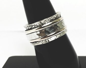 925 Sterling Silver hammered thumb ring with 3 spinner rings handmade meditation wide ring band