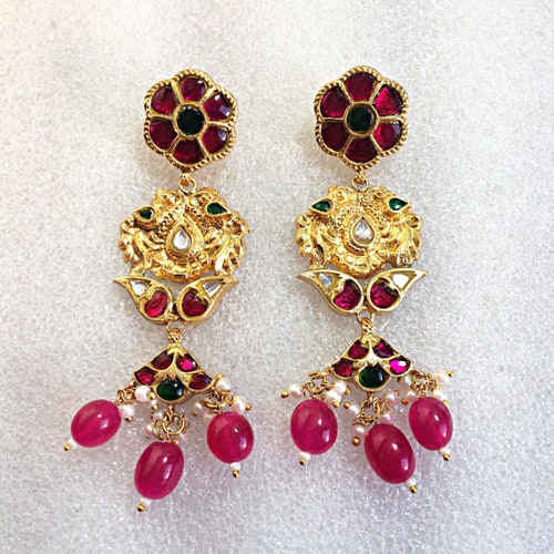 925 Silver Gold plated Earrings temple jewelry for women Jadau kundan Polki shops Kempu South Indian traditional Peacock Jewellery for Wedding
