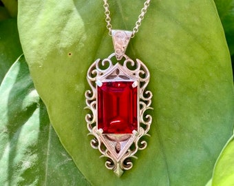 Amor Verus Numquam Moritur engraved Shadow Hunters TV Show inspired Isabelle Lightwood Necklace 925 Silver Pendant Faceted Hydro Ruby Stone