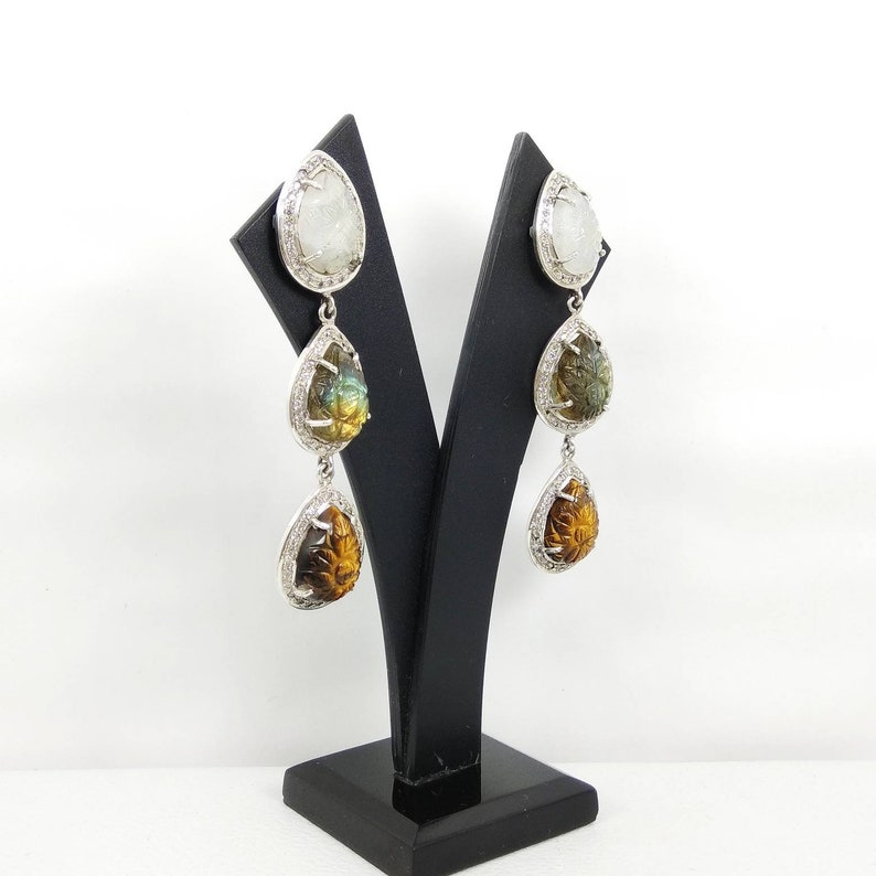 Best Christmas Gift Tigereye Gemstones /& Zirconia Labradorite Beautiful 925 Sterling Silver Earring pair Prong studded Carved Moonstone