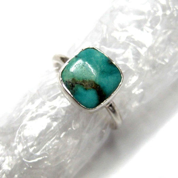 Natural Tibetian Turquoise 925 Sterling Silver Ring , Cushion Shape Smooth Cabochon Gem stone , hand made stackable rings