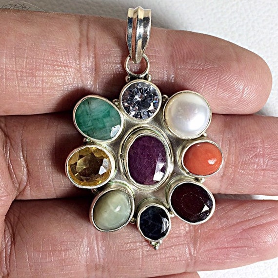 Navratana Gemstones Pandent 925 Sterling Silver Jewelry - Etsy