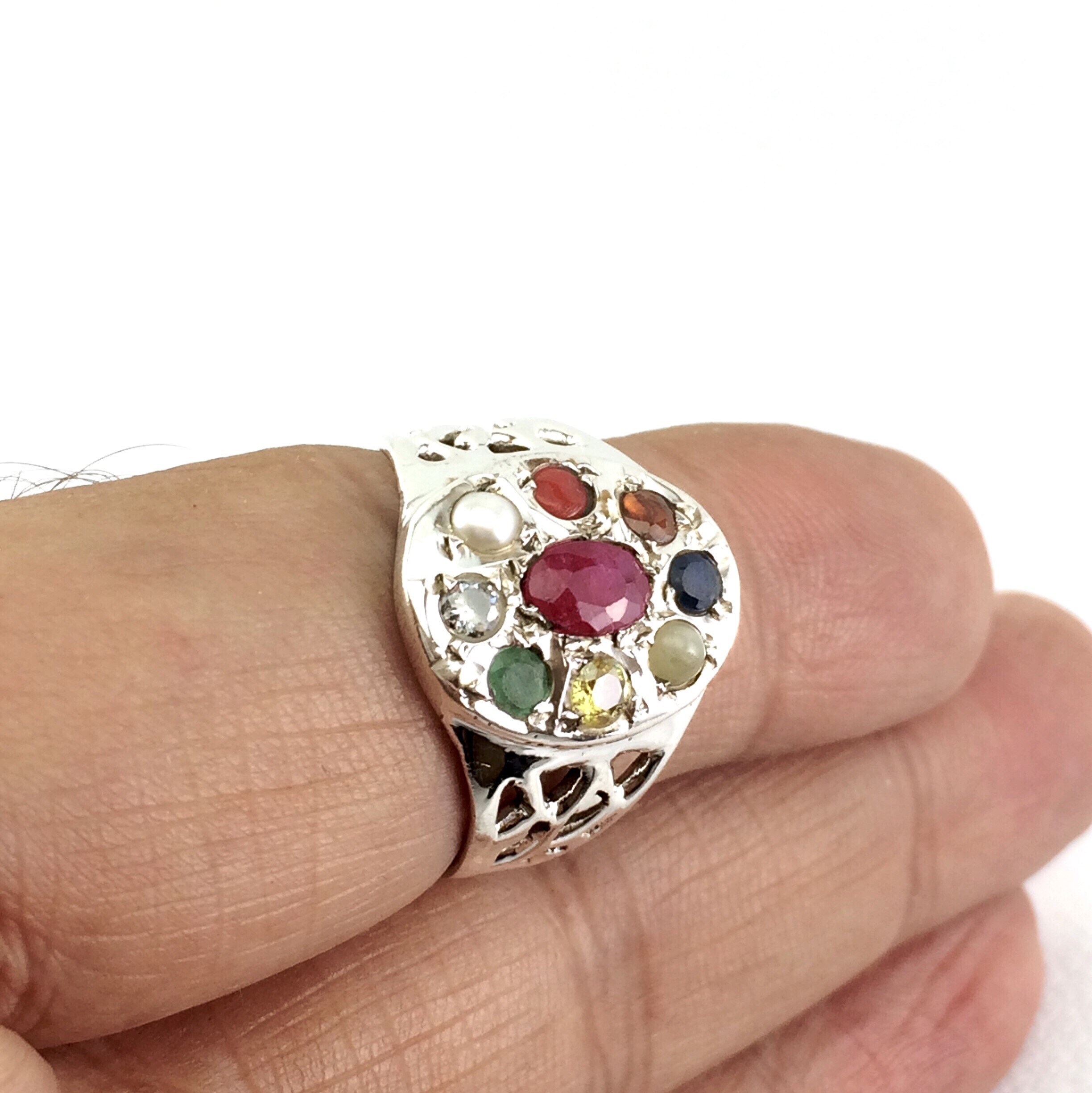 925 Sterling Silver Navratan Ring Studded Precious Nine Planet