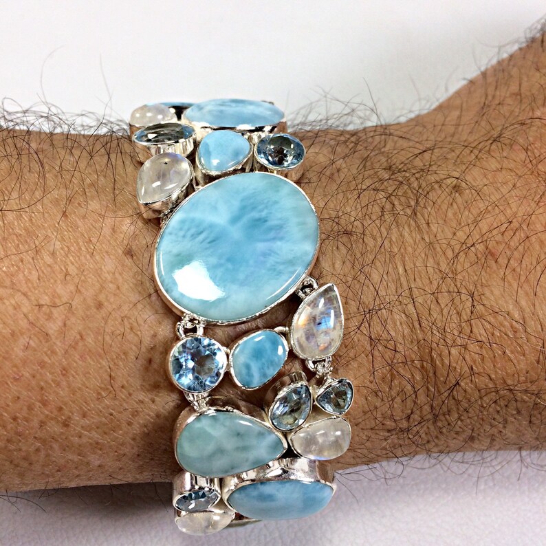 925 sterling silver natural larimar adjustable with blue topaz handmade ring