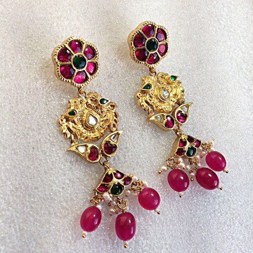 925 Silver Gold plated Earrings temple jewelry for women Jadau kundan Polki shops Kempu South Indian traditional Peacock Jewellery for Wedding