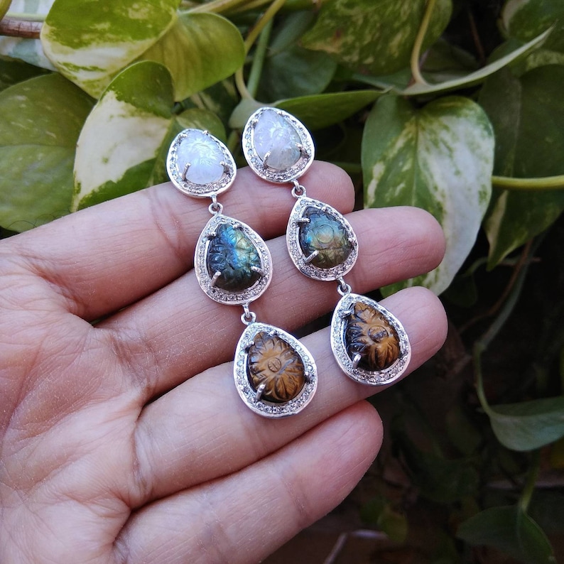 Best Christmas Gift Tigereye Gemstones /& Zirconia Labradorite Beautiful 925 Sterling Silver Earring pair Prong studded Carved Moonstone