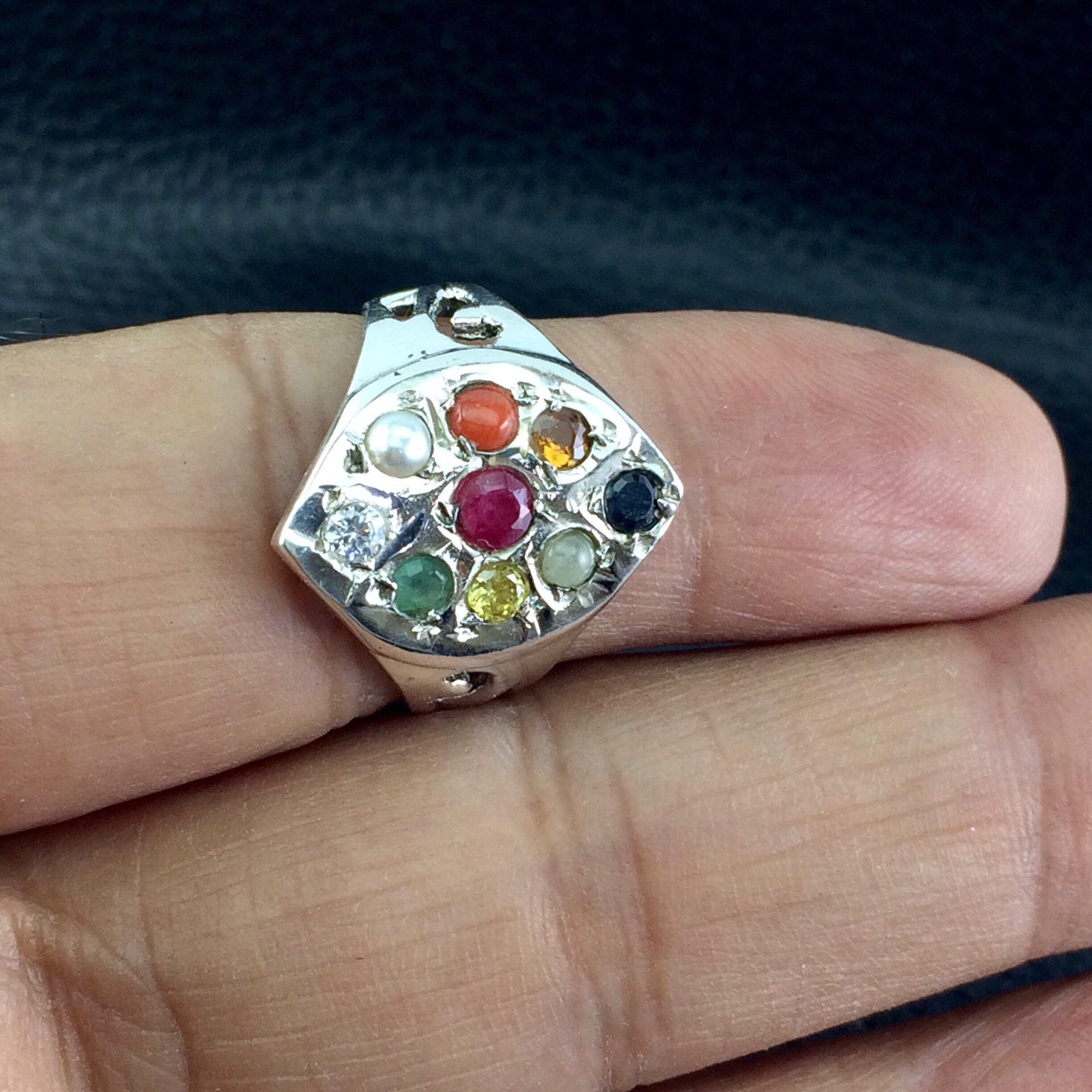925 Sterling Silver Navratan Gemstone Ring Studded Precious Nine