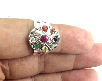 925 Sterling Silver Navratan Ring Studded Precious Nine Planet Gemstones Religious Astrology Spiritual Ring Lucky Charm Navratna Jewelry