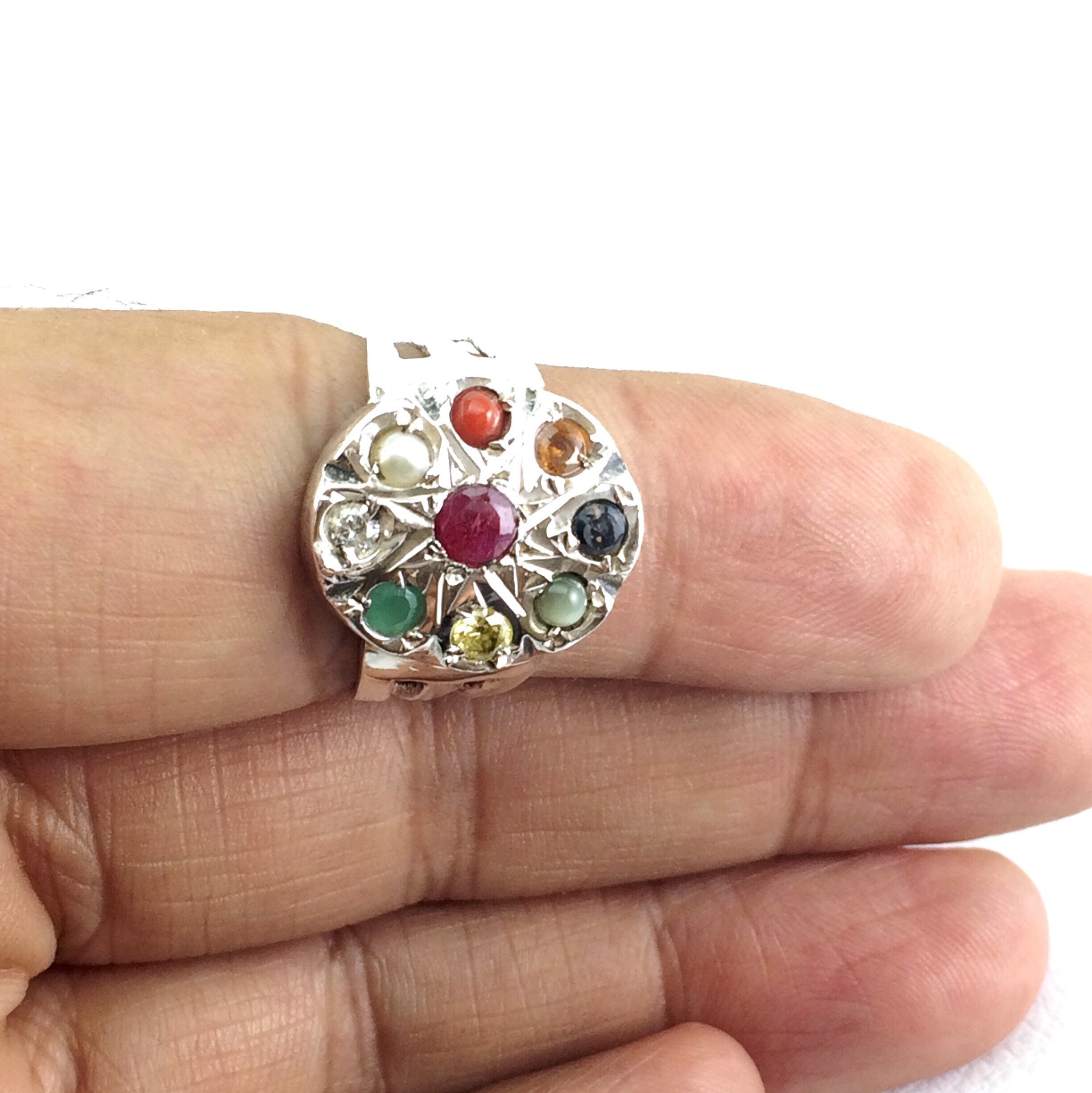 Lucky 9 gems ring, rainbow gemstone ring, 925 Silver - Shop mariam-bijoux  General Rings - Pinkoi