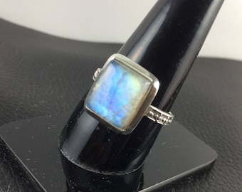 Rainbow Moonstone 925 Sterling Silver Ring , Fine Quality Rainbow Moonstone Blue Flashy Square Gemstone wedding engagement ring gift for her