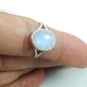 FineGemstone Bella Sterling Silver Ring with Rainbow Moonstone Ring 12x10mm Cabochon giftforher Daily Wear birthstone jewelry Christmas Gift
