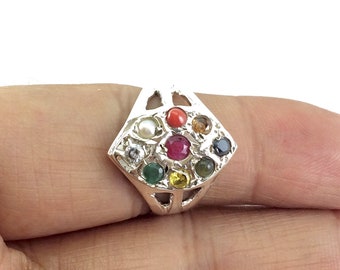 925 Sterling Silver Navratan Ring Studded Precious Nine Planet Gemstones Religious Astrology Spiritual Ring Lucky Charm Navratna Jewelry