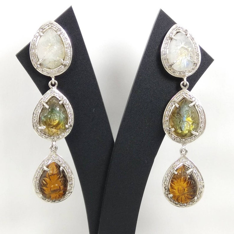 Best Christmas Gift Tigereye Gemstones /& Zirconia Labradorite Beautiful 925 Sterling Silver Earring pair Prong studded Carved Moonstone