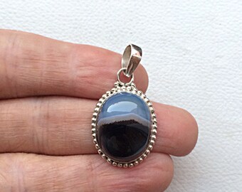 Black & Blue Sulemani Hakik gemstone , studded 925 Sterling Silver Handmade Pendant , Fine Quality Oval Shape Cabochon Gemstone