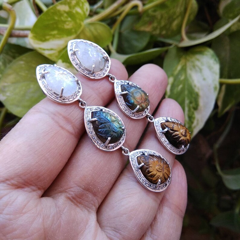 Best Christmas Gift Tigereye Gemstones /& Zirconia Labradorite Beautiful 925 Sterling Silver Earring pair Prong studded Carved Moonstone