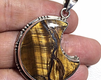 Fine Quality Tiger eye Moon studded 925 Sterling Silver Pendant , Fine Quality Tiger eye MOON Shape Cabochon Gemstone