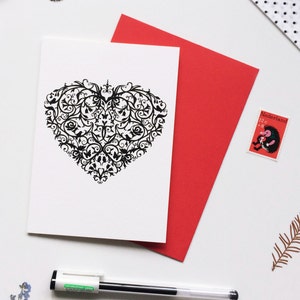 Biglietto di auguri per San Valentino con motivo a cuore popolare in bianco e nero, vuoto all'interno per il tuo messaggio, qualcuno di speciale, persona amata, sii mio, cuore