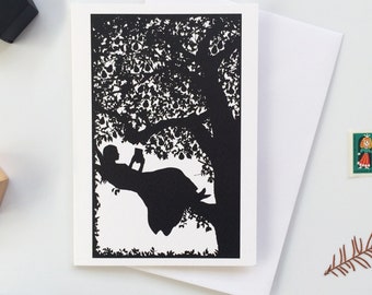 Girl Reading in a Pear Tree, Black White Silhouette Literary Greeting Card Design, for Book lovers, blank inside for your message