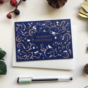 Patterned Christmas Flourish Illustrated Christmas Card Blue & Gold with Reindeers, Partridge, Robins, Dove, Swan, Fox, Season&#39;s Greetings