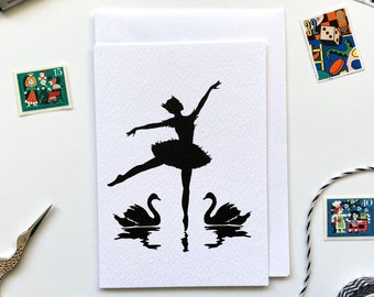 Swan Lake Ballerina En Pointe Silhouette Black & White Greeting Card Design, Note card, Paper Art Stationery, blank inside for your message