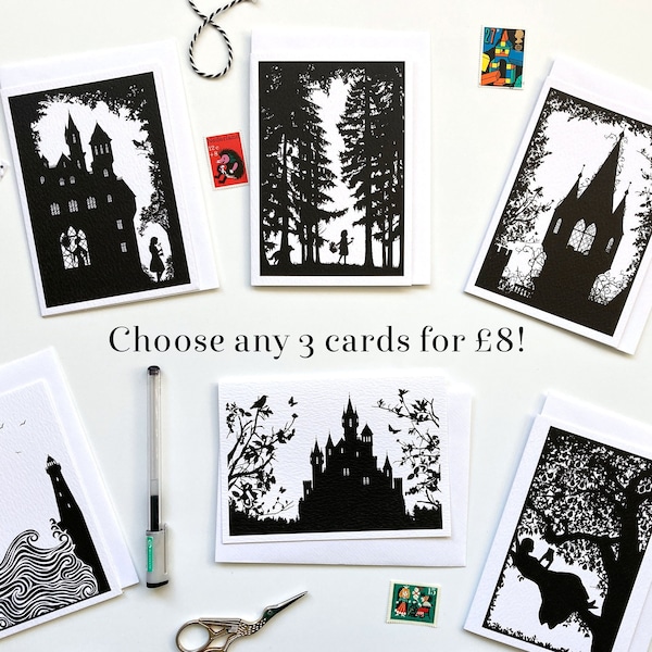 Multibuy- set of 3 Fairytale Illustrated Silhouette Monochrome Greeting Card Selection, Notecards, Stationery, blank inside for your message