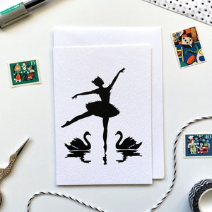 Schwanensee Ballerina En Pointe Silhouette Schwarz & Weiß Grußkarte Design, Notizkarte, Papierkunst Briefpapier, leere Innenseite für Ihre Nachricht
