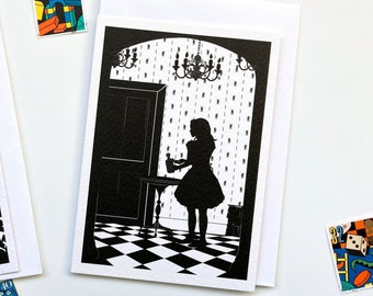 Alice's Adventures in Wonderland: Curioser & Curioser, Drink Me- Silhouette Literary Greeting Card Art Design Illustration, blank note cards