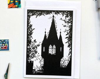 The Sleeping Beauty, Fairy Tale Black White Silhouette Literary Brothers Grimm Perrault Greeting Card Design, blank inside for your message