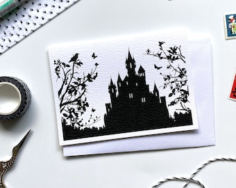 Happily Ever After, Black and White Enchanted Fairytale Forest Castle Silhouette Greeting Card Design, blank inside all occasions purposes