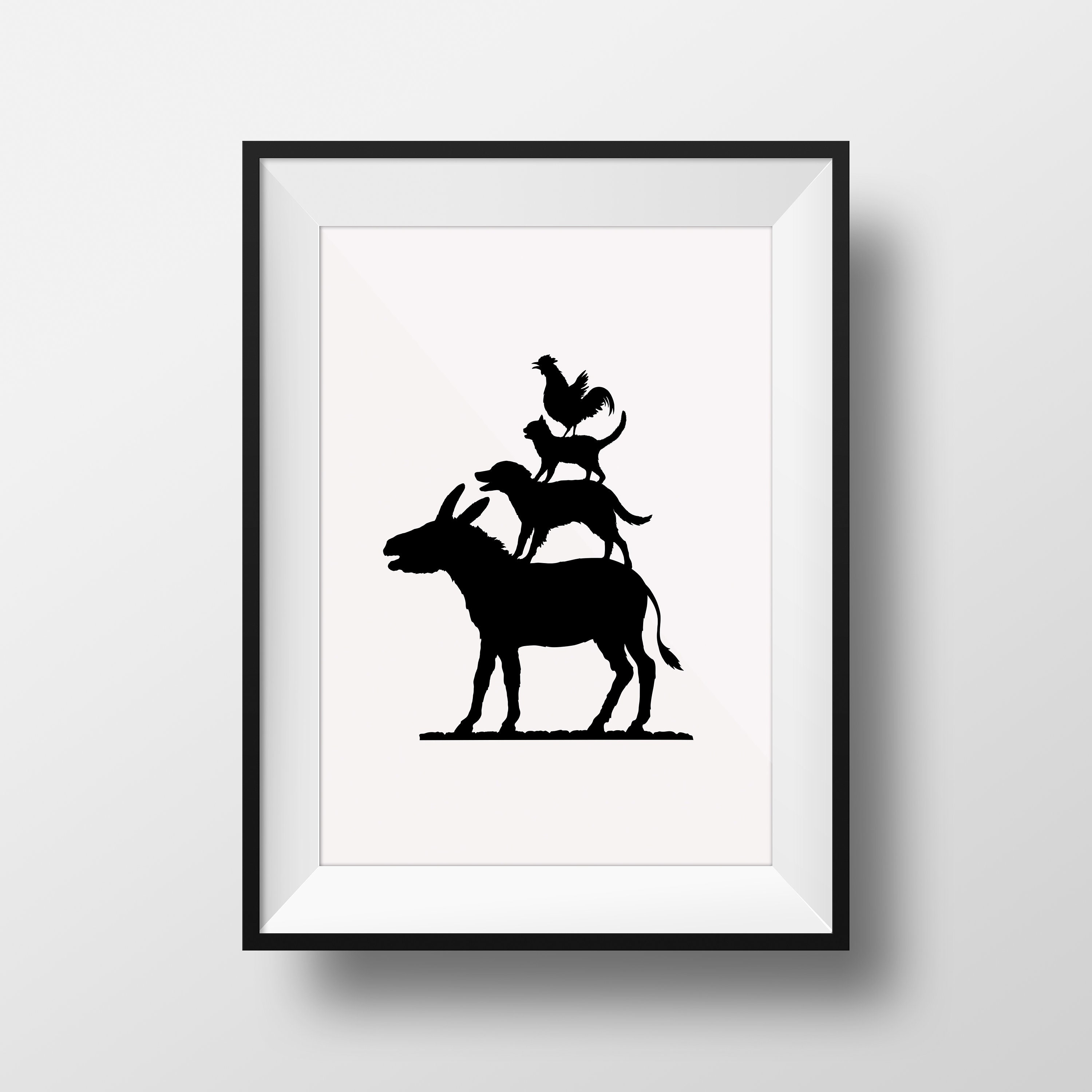 Schwarz Weiß Märchen Bremer Gebrüder Druck: Silhouette Stadtmusikanten Grimm Kunstdruck, Giclée