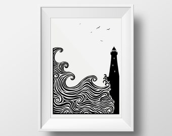 The Lighthouse with Waves Crashing and Seagulls Flying, Giclée Illustrated Archival Art print: Monochrome wall art of the Sea Coast Fine Art