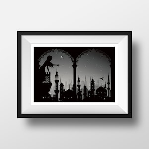 The Arabian Nights- themed Black and White Silhouette illustration Giclée Archival Art print,  Wall Art Prints, Literary Gift