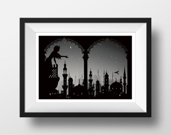 The Arabian Nights- themed Black and White Silhouette illustration Giclée Archival Art print,  Wall Art Prints, Literary Gift