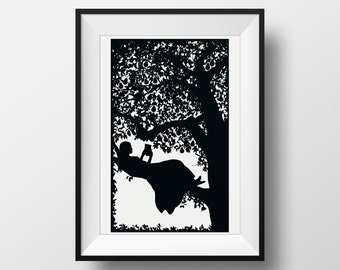 Girl Reading in a Pear Tree, Giclée Archival Illustrated print for Book lovers Literary Gift Wall Art Black White Silhouette Poster