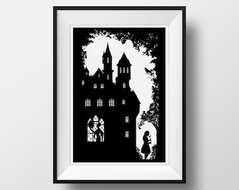 Snow White Black & White Silhouette 11.7" x 16.5" Fairy tale Illustration, A4 Giclée print of the Grimm Fairytale Illustrated, poster art